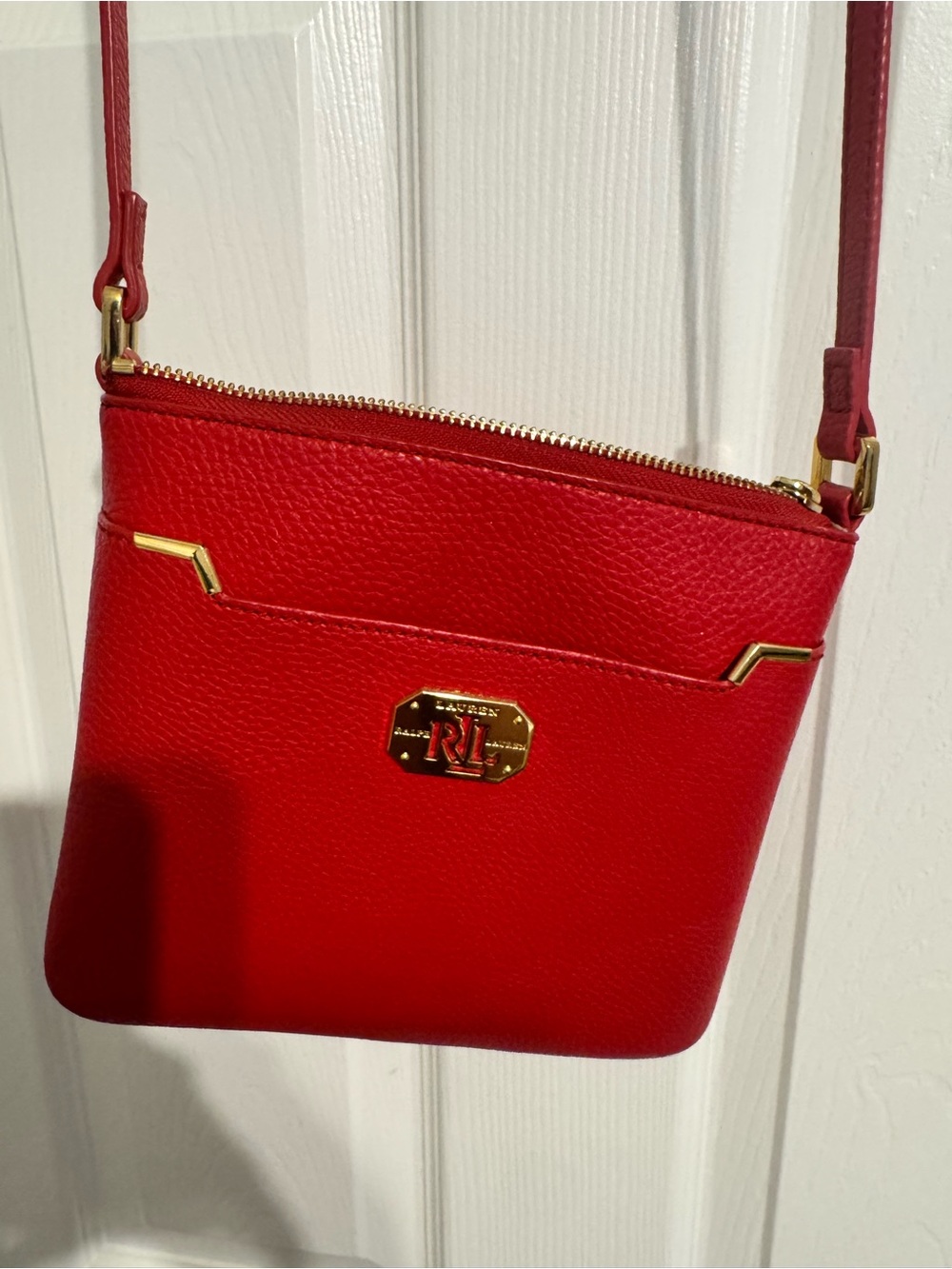 Ralph Lauren Bright Red Leather Crossbody with Gold Hardware